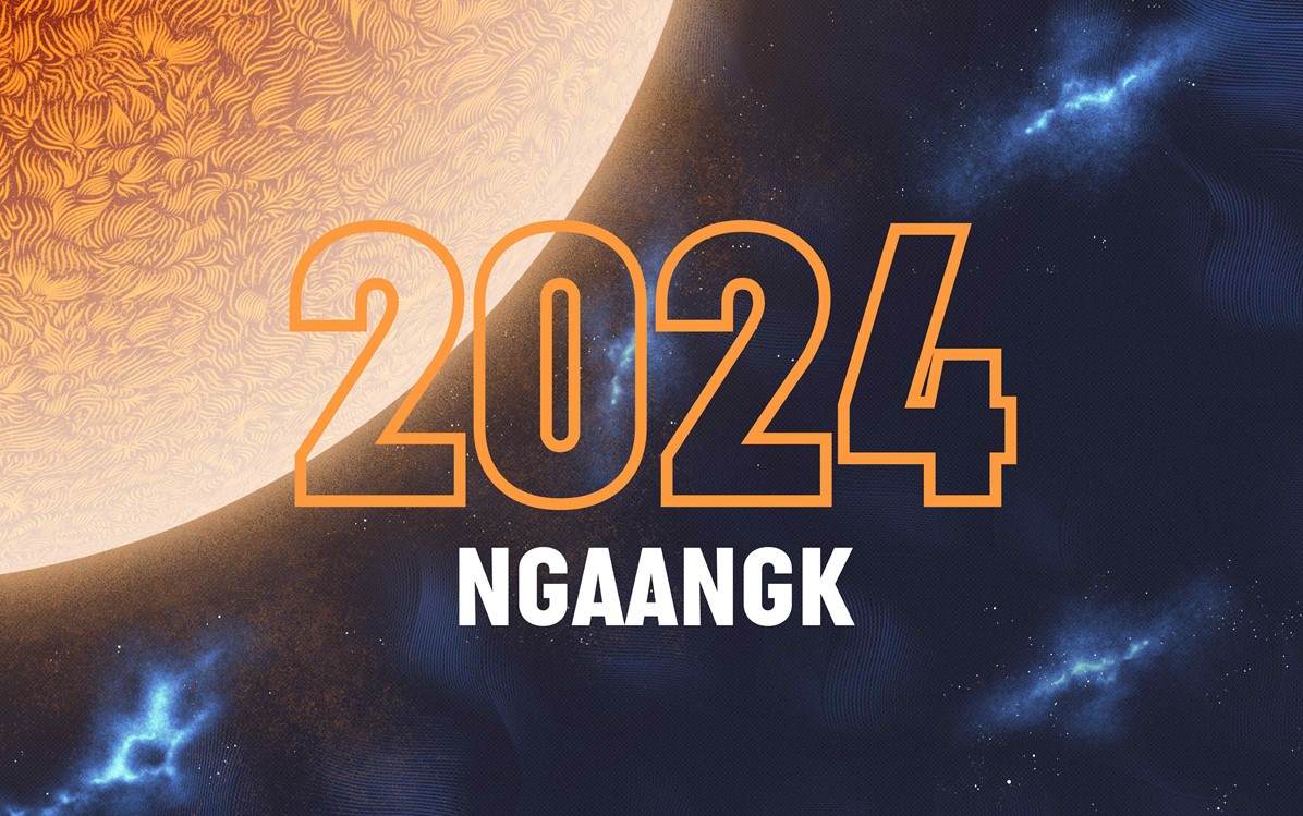 a dark blue almost black background, with a sun graphic in the top left corner, blue galaxies scattered, '2024' in orange and 'NGAANGK' underneath in white