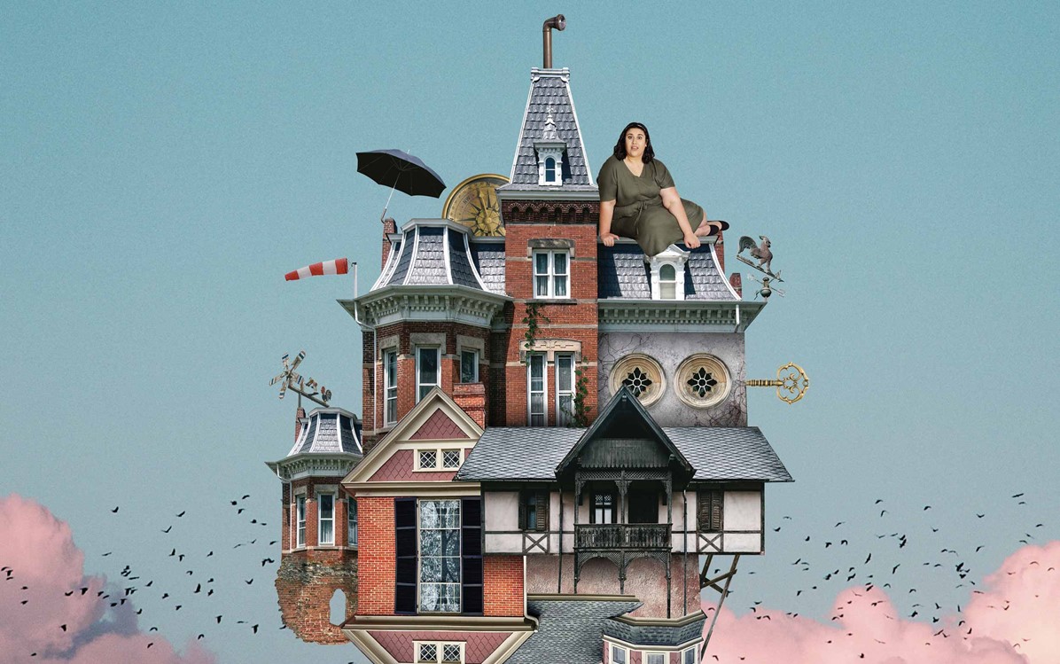 Image of a floating photographic collage of a house with a person sitting on top, for the theatre performance HOUSE.