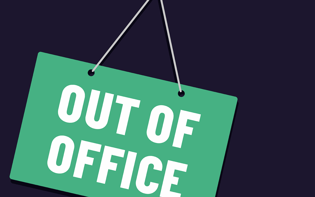 Moving illustration: "Out of office" is printed on a green sign that's hung on a nail and swinging.