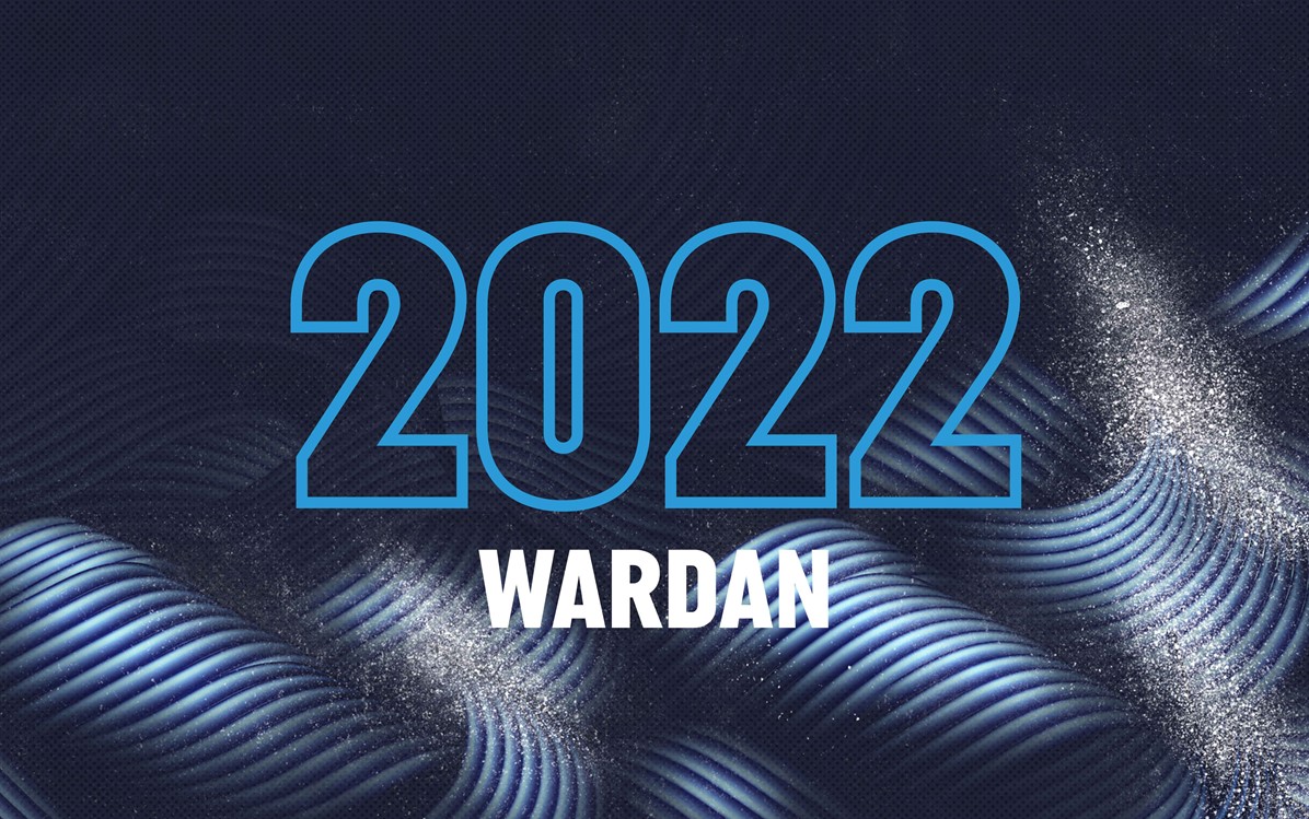 A dark blue background with abstract blue wave graphic and white sea spray, blue text '2022' and white text 'WARDAN'