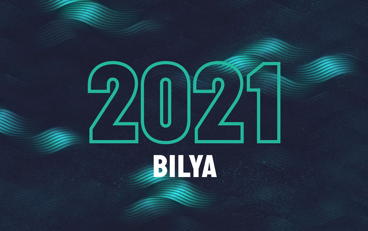 A navy background with abstract horizontal green river waves and white text '2021 BILYA'