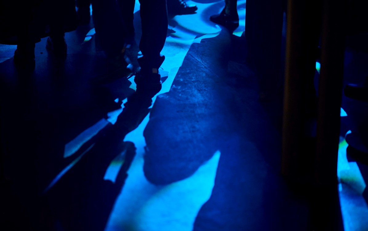 Standing audience members cast shadows in blue light coming from the stage, the floor has a fun pattern on it.