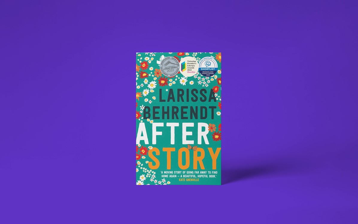 A book cover with the title 'After Story' by Larissa Behrendt with a purple background