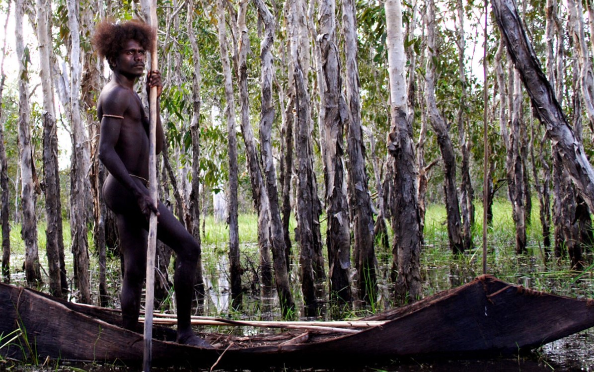 From film "Ten Canoes". A man stands on a boat holding a long pushing stick.